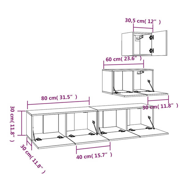 The Living Store TV-meubelset betongrijs - bewerkt hout - 30.5 x 30 x 30 cm / 60 x 30 x 30 cm / 80 x 30 x 30 cm (B x D