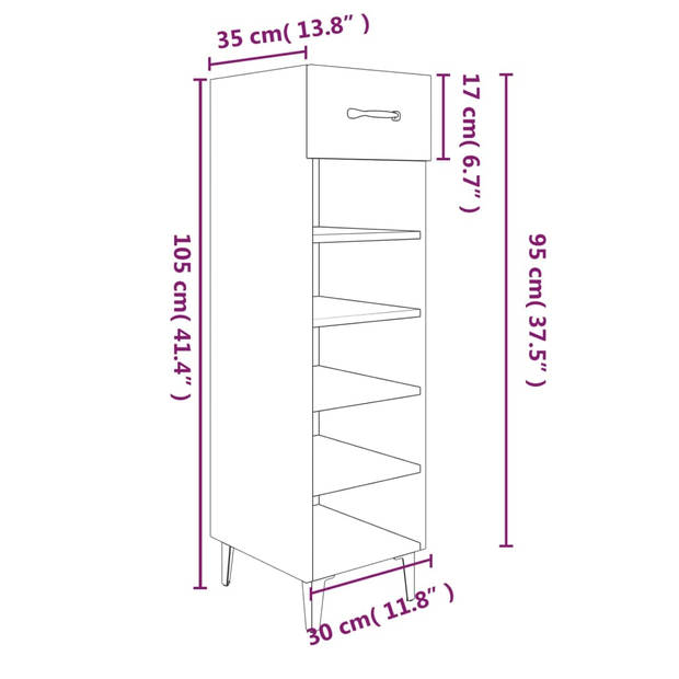 vidaXL Schoenenkast 30x35x105 cm bewerkt hout betongrijs