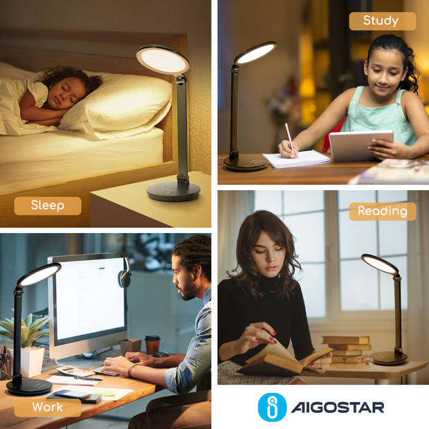 Aigostar 10ZIL - Bureaulamp led dimbaar - Touch Control - USB Opladen - Verstelbaar - Leeslamp- Nachtlamp - 8W - Zwart