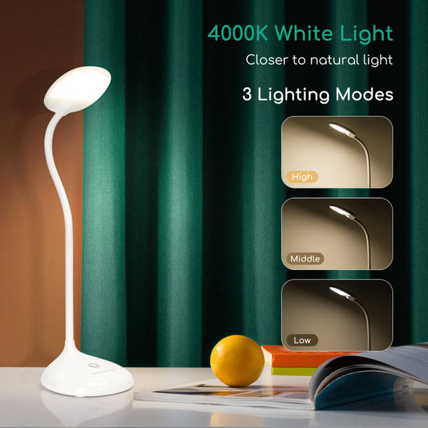 Aigostar 10ZIO - Bureaulamp LED Dimbaar - Touch Control - 3 Helderheid - Verstelbare Leeslamp - Bedlamp - 4W - Wit