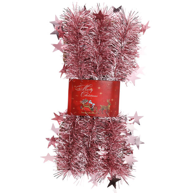 1x stuks lametta kerstslingers met sterretjes roze 200 x 6,5 cm - Kerstslingers