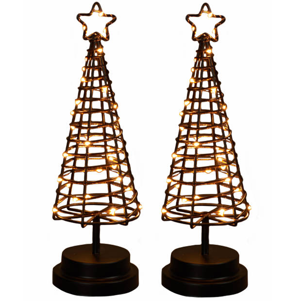 2x stuks verlichte figuren zwarte 3D lichtboompje/metalen boom/kerstboompje met 30 led lichtjes 30 c - kerstverlichting