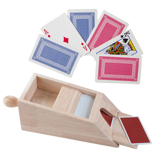 Houten Blackjack kaartgever/slof met handvat 28 x 11,5 x 9,5 cm inclusief 2x sets speelkaarten - Speelkaarthouders