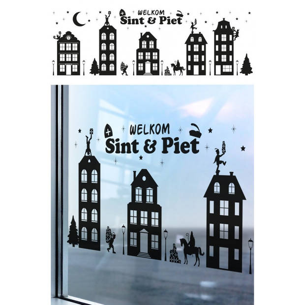 Welkom Sint en Piet zelfklevende raamsticker groot zwart 150 x 50 cm - Feeststickers