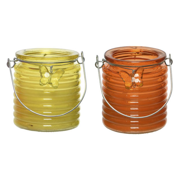 Citronella kaars - 2x - in windlicht - geel en oranje - 20 branduren - citrusgeur - geurkaarsen
