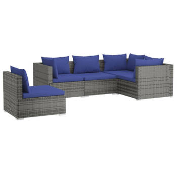 vidaXL 5-delige Loungeset met kussens poly rattan grijs