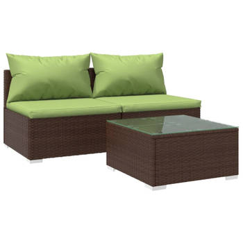 vidaXL 3-delige Loungeset met kussens poly rattan bruin