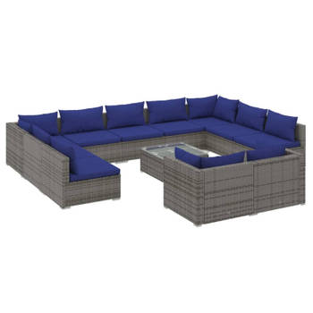 vidaXL 12-delige Loungeset met kussens poly rattan grijs