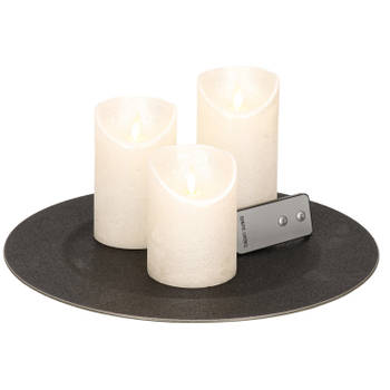 Ronde kaarsenplateau zwart van kunststof D33 cm met 3 parel witte LED-kaarsen 10/12,5/15 cm - Kaarsenplateaus