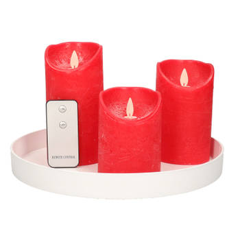 Ronde kaarsenplateau wit van kunststof D27 cm met 3 rode LED-kaarsen 10/12,5/15 cm - Kaarsenplateaus