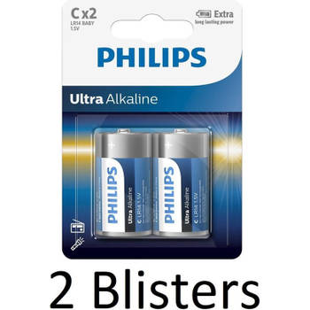 4 Stuks (2 Blisters a 2 st) Philips Ultra Alkalline C Batterijen