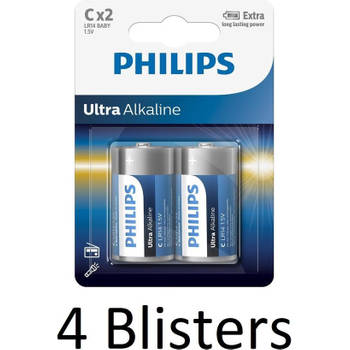 8 Stuks (4 Blisters a 2 st) Philips Ultra Alkalline C Batterijen
