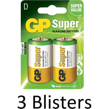6 Stuks (3 Blisters a 2 st) GP Super Alkaline D Cell Batterijen
