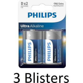 6 Stuks (3 Blisters a 2 st) Philips Ultra Alkaline D Cell Batterijen