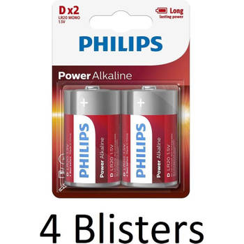 8 Stuks (4 Blisters a 2 st) Philips Power Alkaline D Batterijen