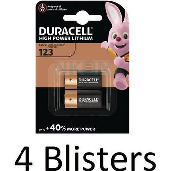 8 Stuks (4 Blisters a 2 st) Duracell Batterijen "123" Lithium, 3V