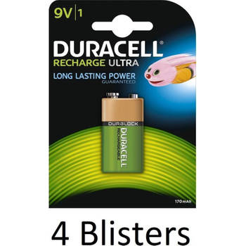 4 Blisters (4 Blisters a 1 st) Duracell 9V Oplaadbare Batterij - 170 mAh