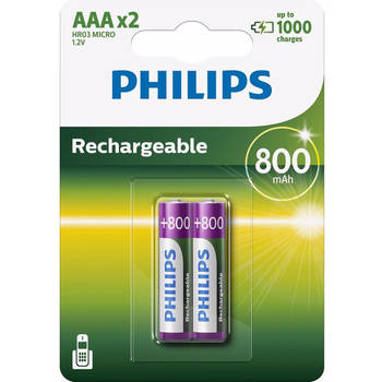 Philips R03B2A80/10 - AAA 800 mAh Oplaadbare Batterijen - 2 stuks