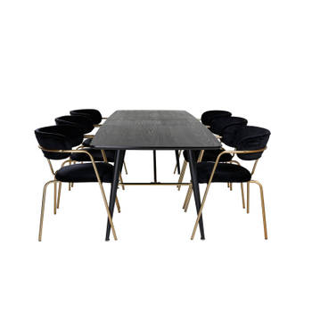 Gold eethoek eetkamertafel uitschuifbare tafel lengte cm 180 / 220 zwart en 6 Arrow eetkamerstal velours zwart.