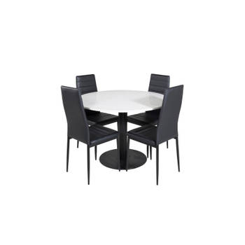 RazziaWH eethoek eetkamertafel terazzo wit en 4 Slim High Back eetkamerstal PU kunstleer zwart.