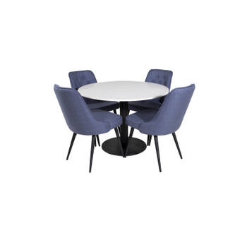 RazziaWH eethoek eetkamertafel terazzo wit en 4 Velvet Deluxe eetkamerstal blauw, zwart.