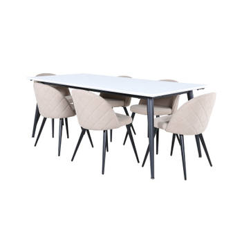 Jimmy195 eethoek eetkamertafel uitschuifbare tafel lengte cm 195 / 285 wit en 6 Velvet Stitches eetkamerstal beige.