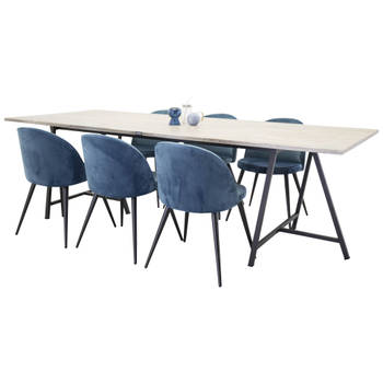 Jepara eethoek eetkamertafel teakhout en 6 Velvet eetkamerstal velours blauw, zwart.