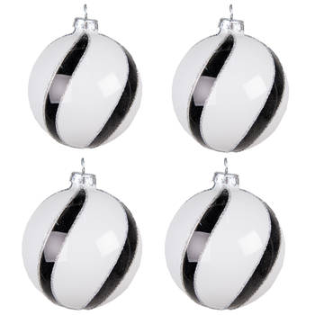Clayre & Eef Kerstbal Set van 4 Ø 8 cm Wit Zwart Glas Strepen Kerstdecoratie Wit Kerstdecoratie