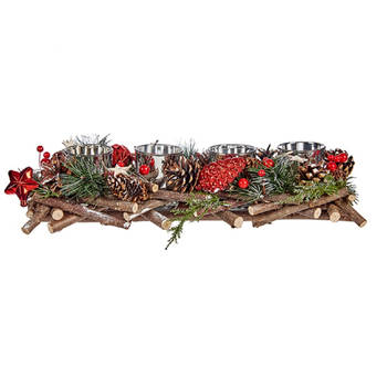 Kerst+ Kerstukje - kaarshouder - red/green nature - 40 x 16 x 8 cm - Waxinelichtjeshouders