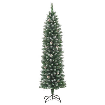 The Living Store Smalle Kerstboom - 120 cm - PVC en staal - met witte decoratiesneeuw - 6 dennenappels - 183 spitse