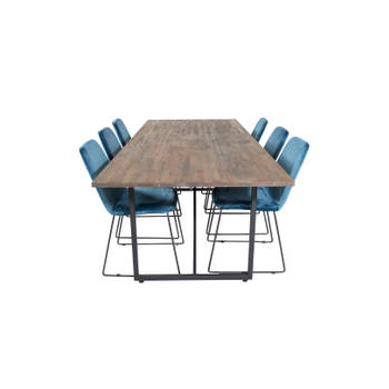 Padang eethoek eetkamertafel teakhout en 6 Muce eetkamerstal velours blauw.