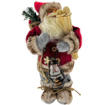 Luxe Afgewerkte Kerst Decoratie Kerstman Staand Rood/Grijs 30cm