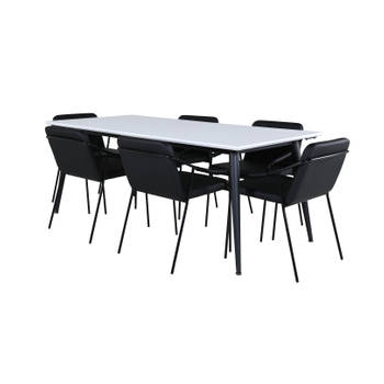 Jimmy195 eethoek eetkamertafel uitschuifbare tafel lengte cm 195 / 285 wit en 6 Tvist eetkamerstal PU kunstleer zwart.
