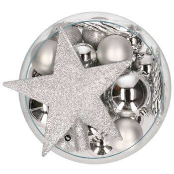 Kerstballen set - 33x stuks - zilver - kunststof - met piek - Kerstbal