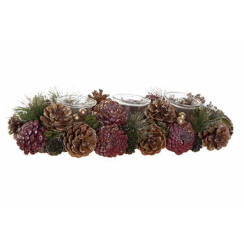 Kerst thema kaarsenhouder ornament roze/bruin nature 38 x 15 x 9,5 cm cm - Waxinelichtjeshouders