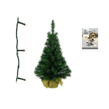 Groene kunst kerstboom 90 cm inclusief warm witte kerstverlichting - Kunstkerstboom