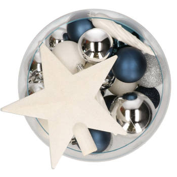 Kerstballen set - 33x stuks - blauw/wit/zilver - kunststof - met piek - Kerstbal
