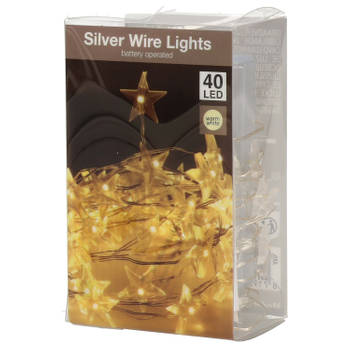 Draadverlichting sterren lampjes aan zilverdraad op batterij warm wit 40 lampjes 200 cm - Lichtsnoeren