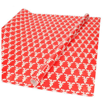 Kerst inpak/cadeaupapier - 2x stuks - 200 x 70 cm - rood met rendieren - Cadeaupapier