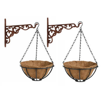 Set van 2x stuks Hanging baskets 25 cm met ijzeren muurhaken - metaal - complete hangmand set - Plantenbakken