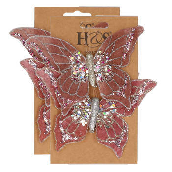 4x stuks kunststof decoratie vlinders op clip roze 10 x 15 cm - Kunstbloemen