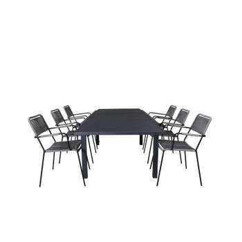 Marbella tuinmeubelset tafel 100x160/240cm en 6 stoel armleuning Lindos zwart.