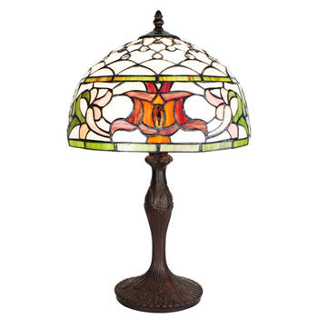 LumiLamp Tiffany Tafellamp Ø 30x49 cm Wit Groen Glas Rond Tiffany Bureaulamp Wit Tiffany Bureaulamp