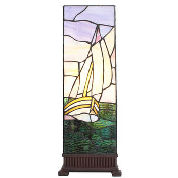 LumiLamp Tiffany Tafellamp 18x18x48 cm Beige Paars Glas Kunststof Vierkant Zeilboot Tiffany Bureaulamp Beige Tiffany