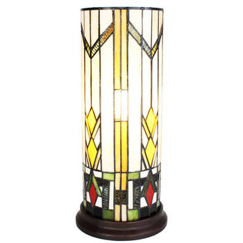 LumiLamp Tiffany Tafellamp Ø 18x40 cm Beige Geel Glas Rond Tiffany Bureaulamp Beige Tiffany Bureaulamp