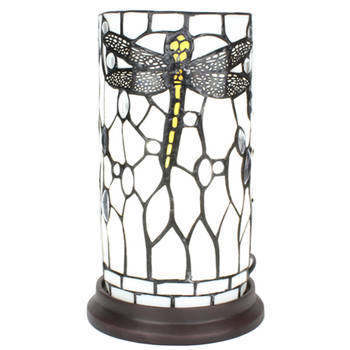 LumiLamp Tiffany Tafellamp Ø 15x26 cm Wit Grijs Glas Kunststof Rond Libelle Tiffany Bureaulamp Wit Tiffany Bureaulamp