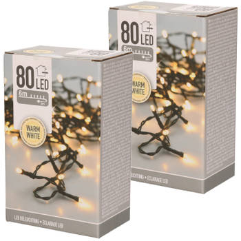Set van 2x stuks kerstverlichting warm wit buiten 80 lampjes lichtsnoer 600 cm - Kerstverlichting kerstboom