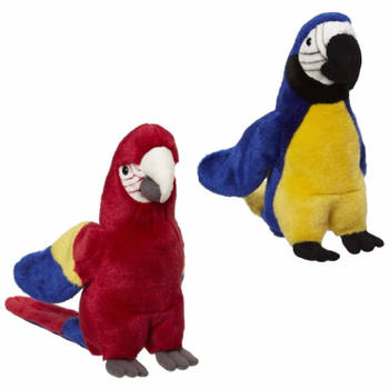 2x Pluche papegaaien knuffels rood en blauw 21 cm - Vogel knuffels
