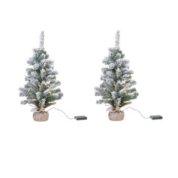 2x stuks kunstboom/kunst kerstboom met sneeuw en licht 60 cm - Kunstkerstboom