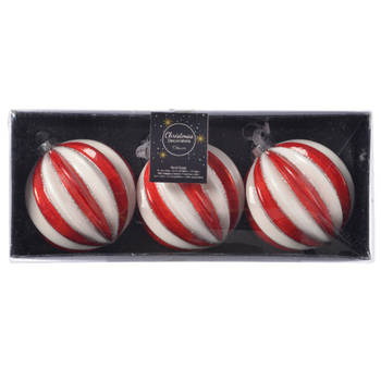 9x stuks luxe glazen kerstballen brass rood/wit gestreept met glitter 8 cm - Kerstbal